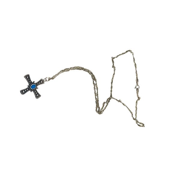 Sterling Silver Cross Pendant Necklace Turquoise Accent Intricate Detailing - Picture 6 of 9